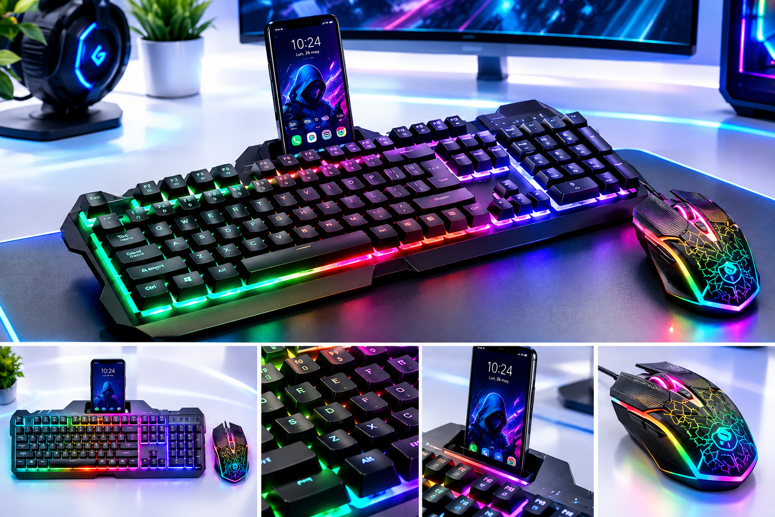 Combo Teclado Y Mouse Gamer Multicolor T21 Soporte Celular
